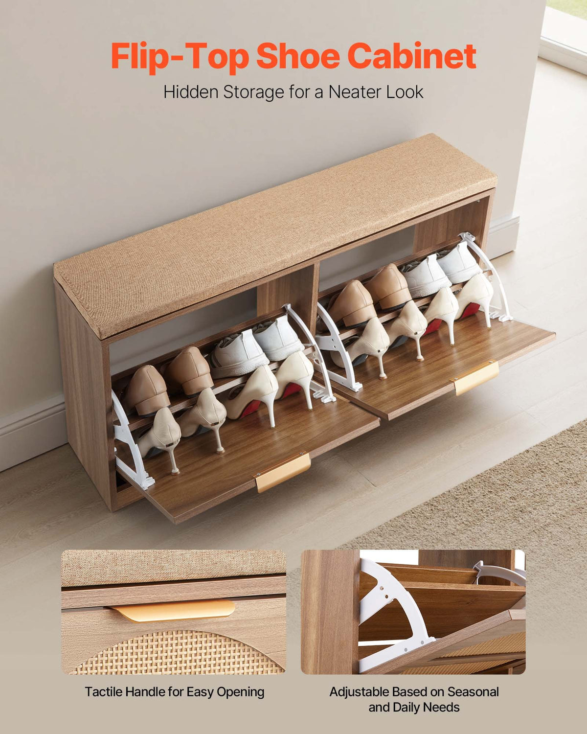 Entryway Shoe Storage Bench 98 cm Wide 2-Tier Shoe Bench Rattan-Like, with 2 Flip Drawers, 200 kg Load Capacity Storage Rack with Padded Seat Cushion, for Hallway, Living Room, and Bedroom