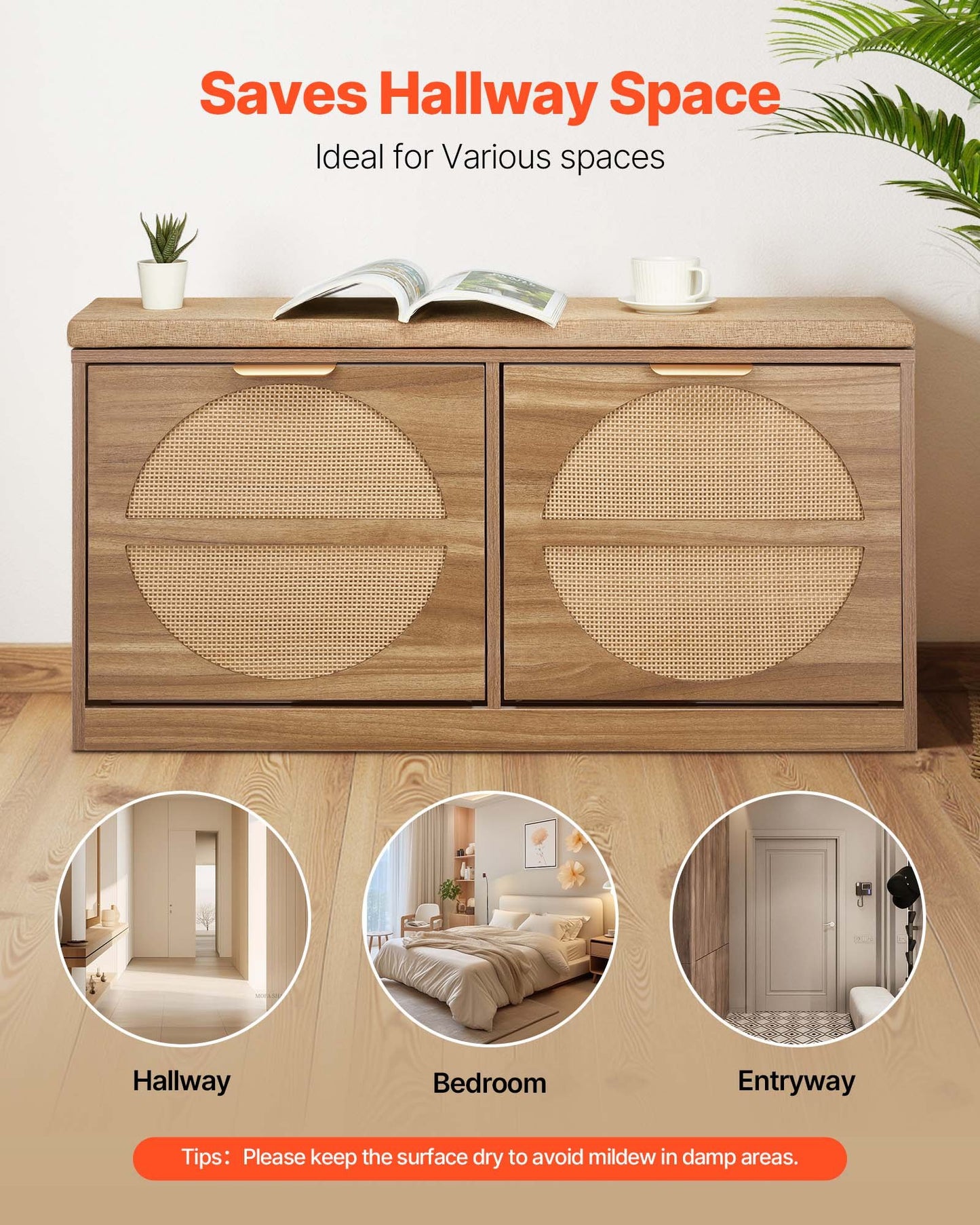 Entryway Shoe Storage Bench 98 cm Wide 2-Tier Shoe Bench Rattan-Like, with 2 Flip Drawers, 200 kg Load Capacity Storage Rack with Padded Seat Cushion, for Hallway, Living Room, and Bedroom