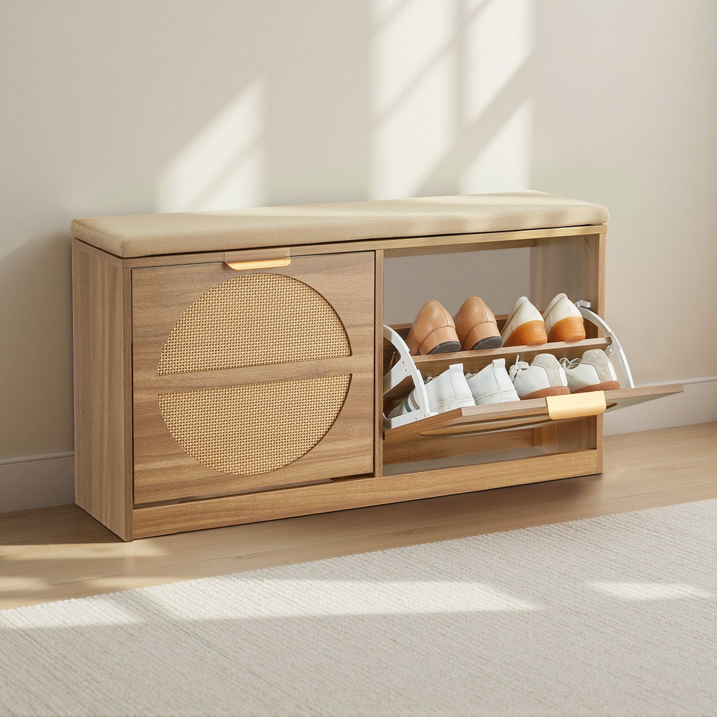 Entryway Shoe Storage Bench 98 cm Wide 2-Tier Shoe Bench Rattan-Like, with 2 Flip Drawers, 200 kg Load Capacity Storage Rack with Padded Seat Cushion, for Hallway, Living Room, and Bedroom