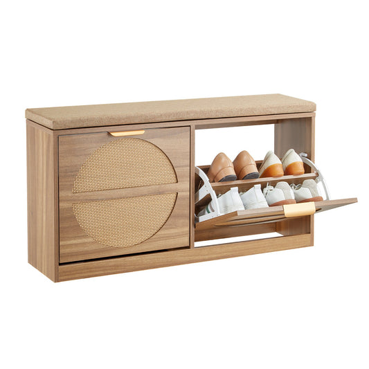 Entryway Shoe Storage Bench 98 cm Wide 2-Tier Shoe Bench Rattan-Like, with 2 Flip Drawers, 200 kg Load Capacity Storage Rack with Padded Seat Cushion, for Hallway, Living Room, and Bedroom