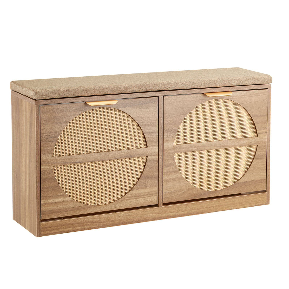 Entryway Shoe Storage Bench 98 cm Wide 2-Tier Shoe Bench Rattan-Like, with 2 Flip Drawers, 200 kg Load Capacity Storage Rack with Padded Seat Cushion, for Hallway, Living Room, and Bedroom
