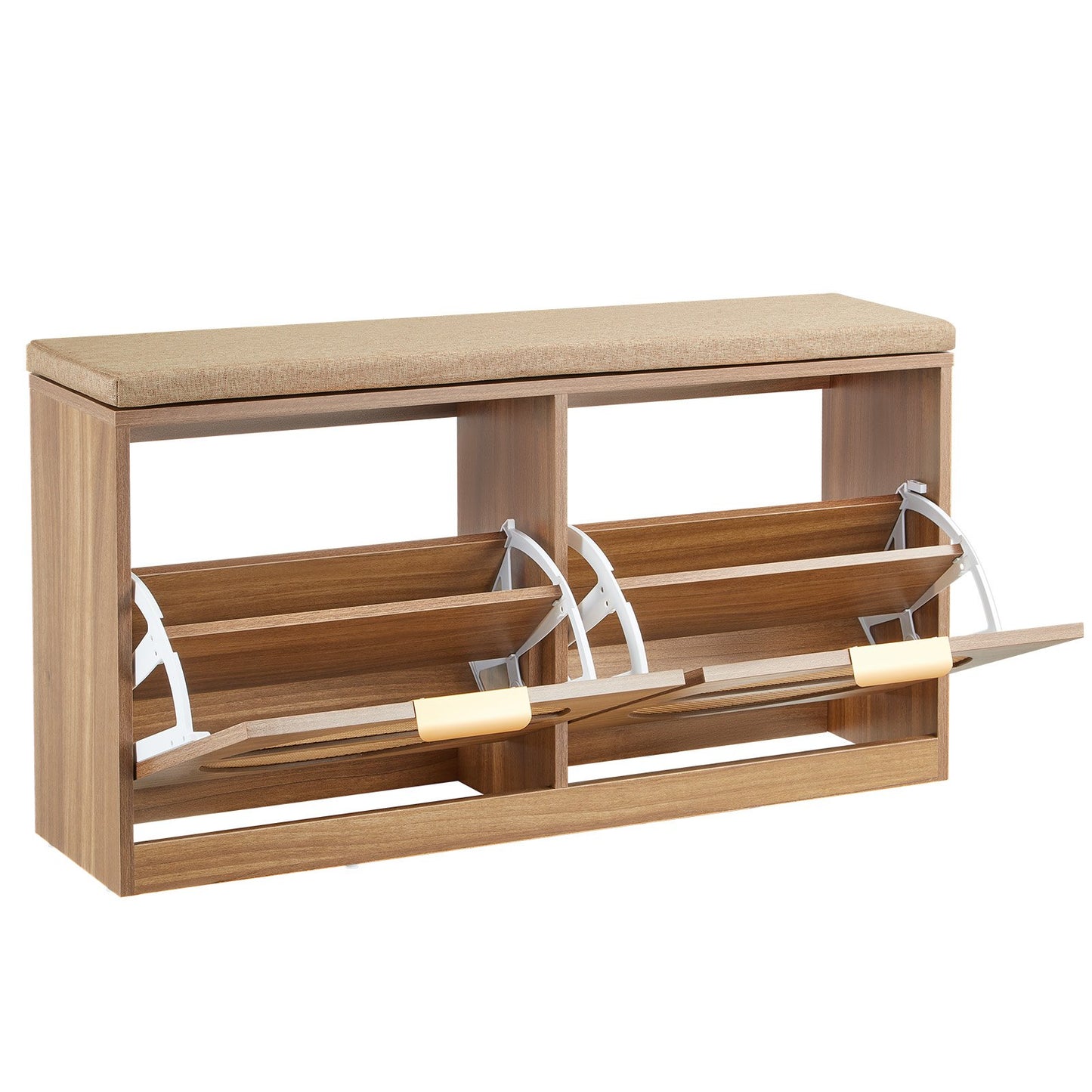 Entryway Shoe Storage Bench 98 cm Wide 2-Tier Shoe Bench Rattan-Like, with 2 Flip Drawers, 200 kg Load Capacity Storage Rack with Padded Seat Cushion, for Hallway, Living Room, and Bedroom