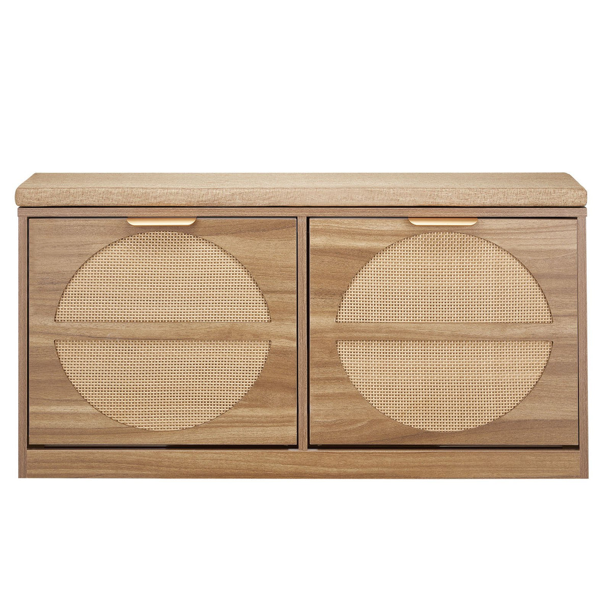 Entryway Shoe Storage Bench 98 cm Wide 2-Tier Shoe Bench Rattan-Like, with 2 Flip Drawers, 200 kg Load Capacity Storage Rack with Padded Seat Cushion, for Hallway, Living Room, and Bedroom