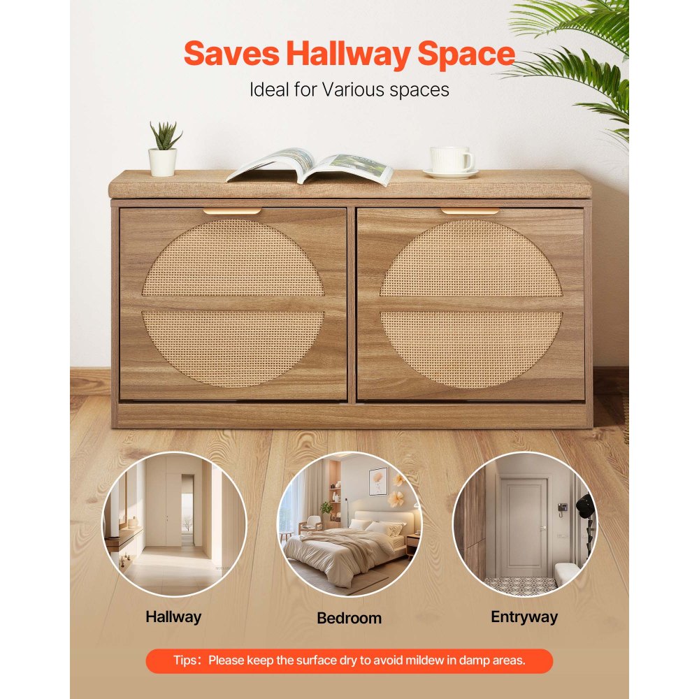 Shoe Storage Bench 988 x 240 x 500 mm 440lbs Rack with Rattan Flip Drawers