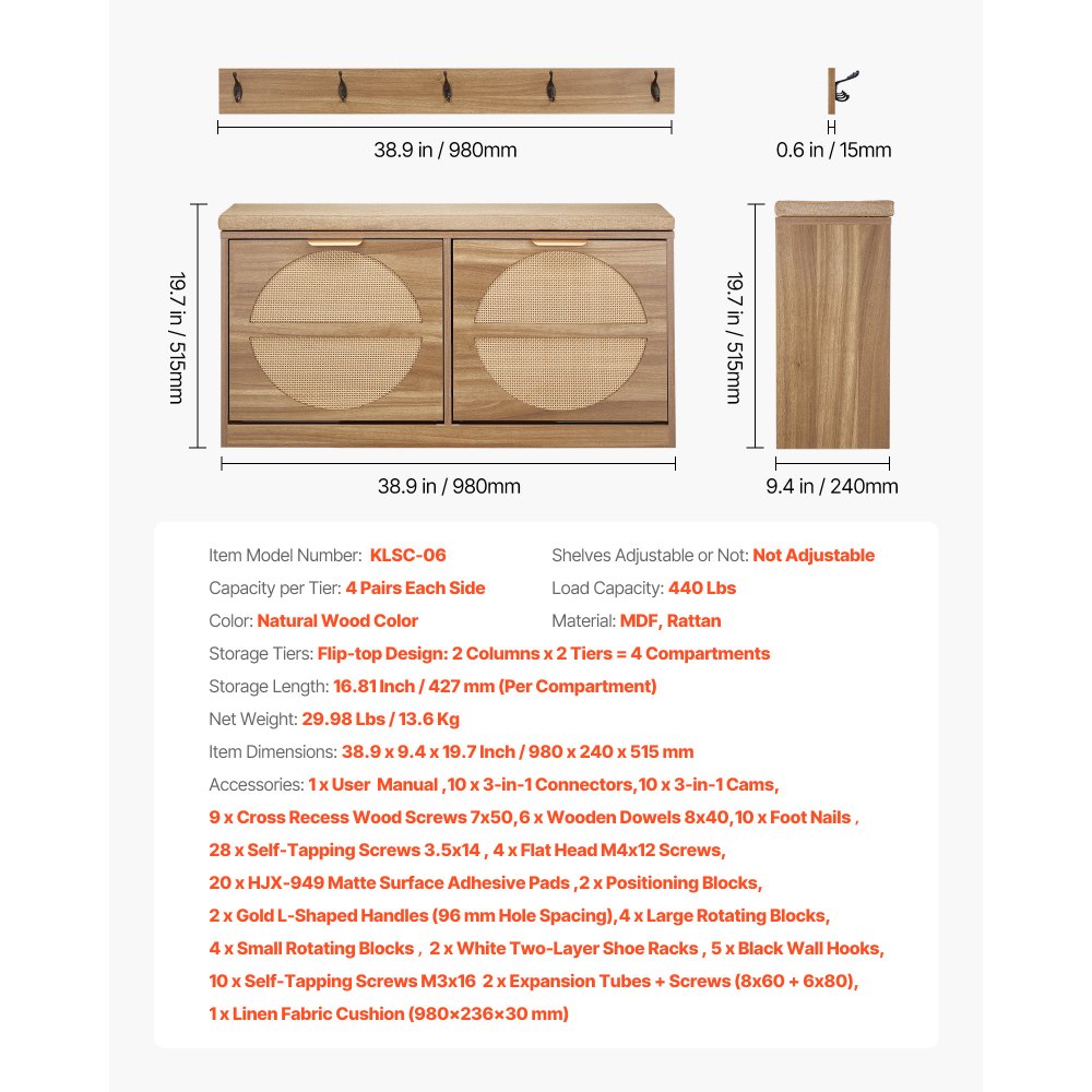 Shoe Storage Bench 988 x 240 x 500 mm 440lbs Rack with Rattan Flip Drawers