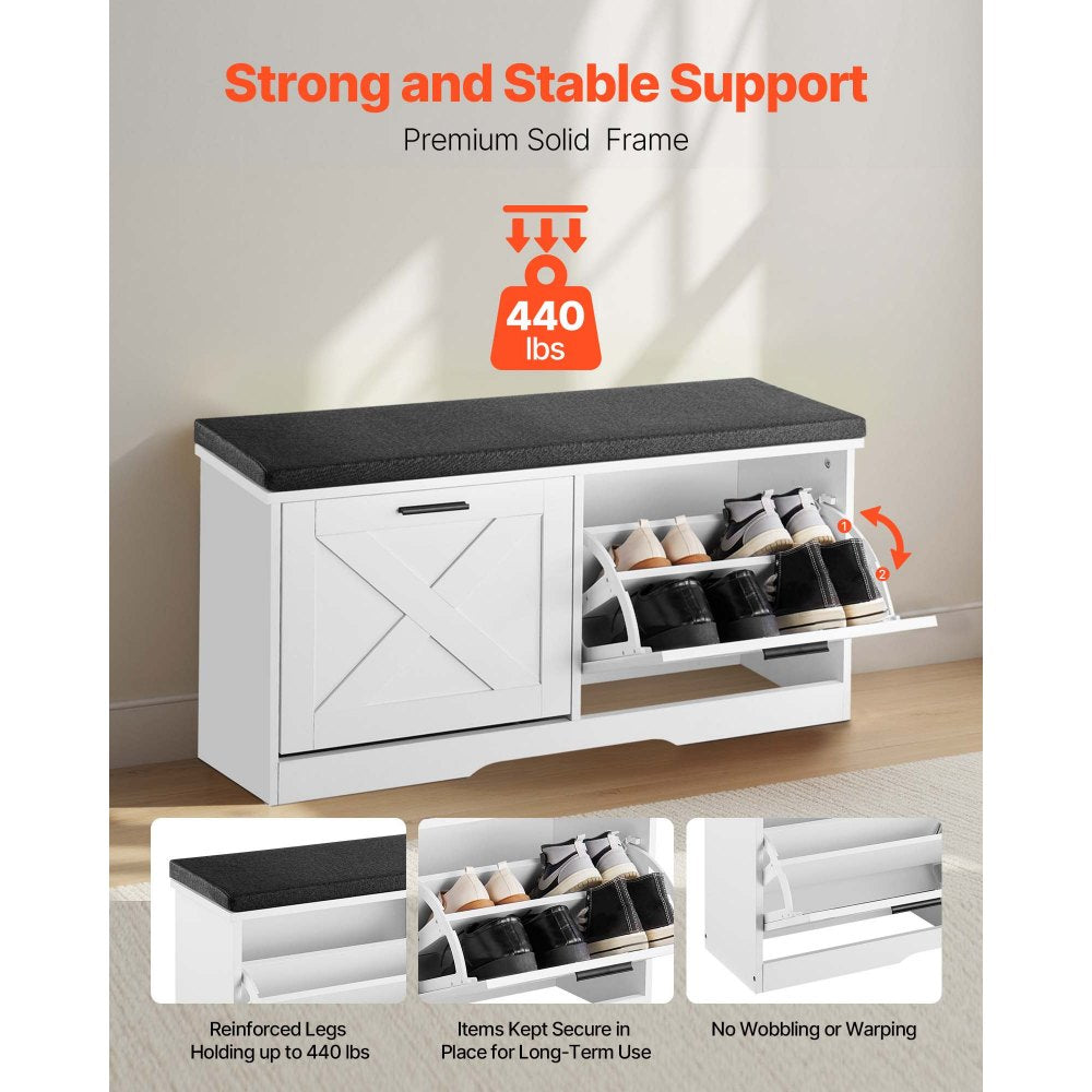 Shoe Rack Bench with Cushioned Seat & Flip Drawers 1000 x 305 x 475 mm
