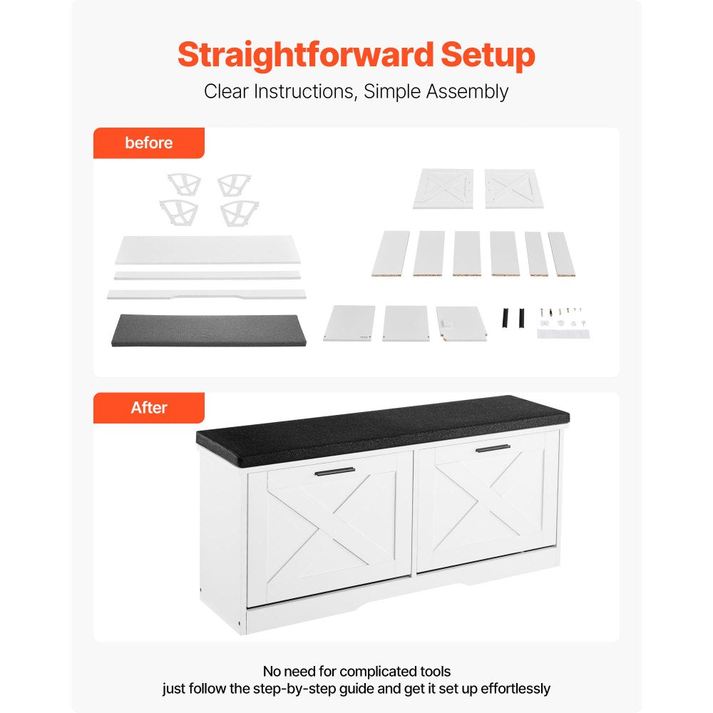 Shoe Rack Bench with Cushioned Seat & Flip Drawers 1000 x 305 x 475 mm