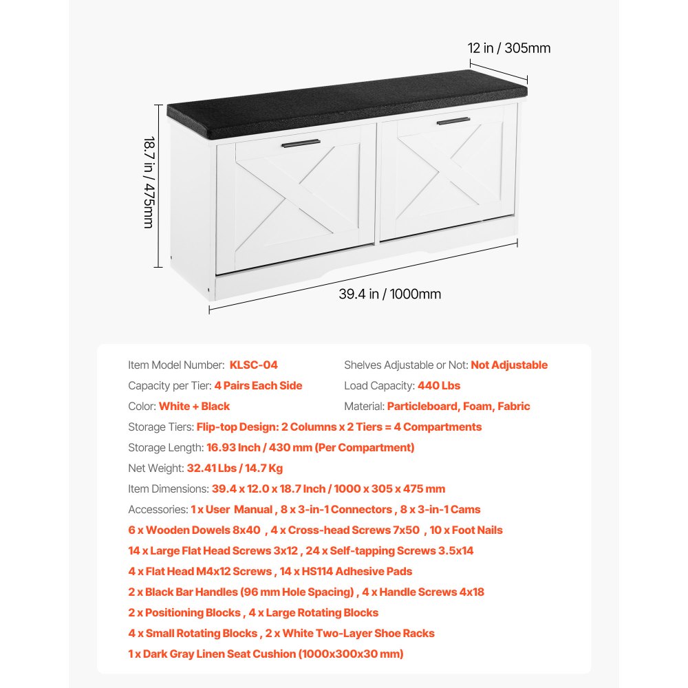 Shoe Rack Bench with Cushioned Seat & Flip Drawers 1000 x 305 x 475 mm