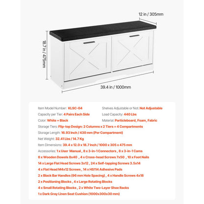 Shoe Rack Bench with Cushioned Seat & Flip Drawers 1000 x 305 x 475 mm