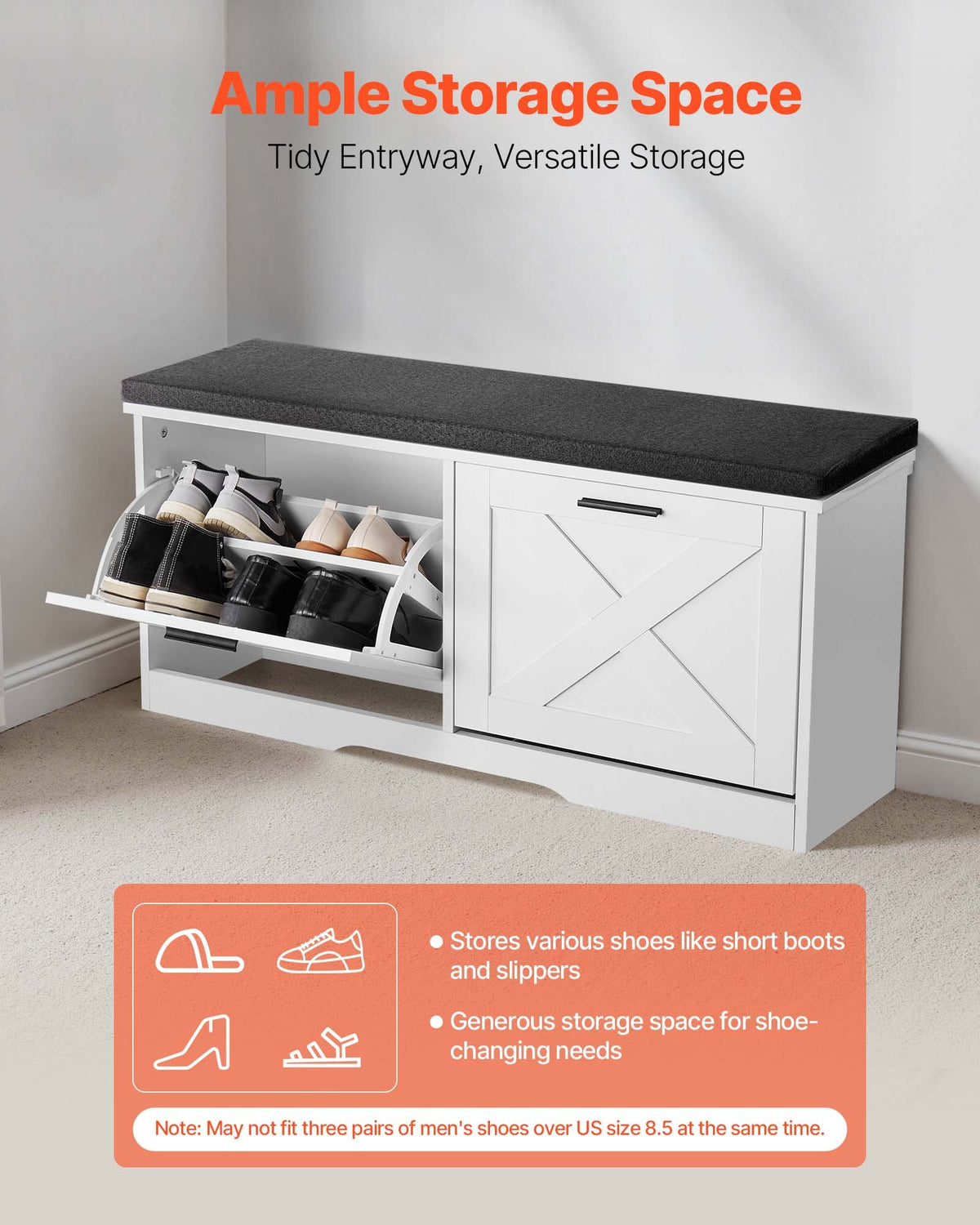 Entryway Shoe Storage Bench 100cm Wide 2-Tier Shoe Bench Black White, with 2 Flip Drawers, 200 kg Load Capacity Storage Rack with Padded Seat Cushion, for Hallway, Living Room, and Bedroom
