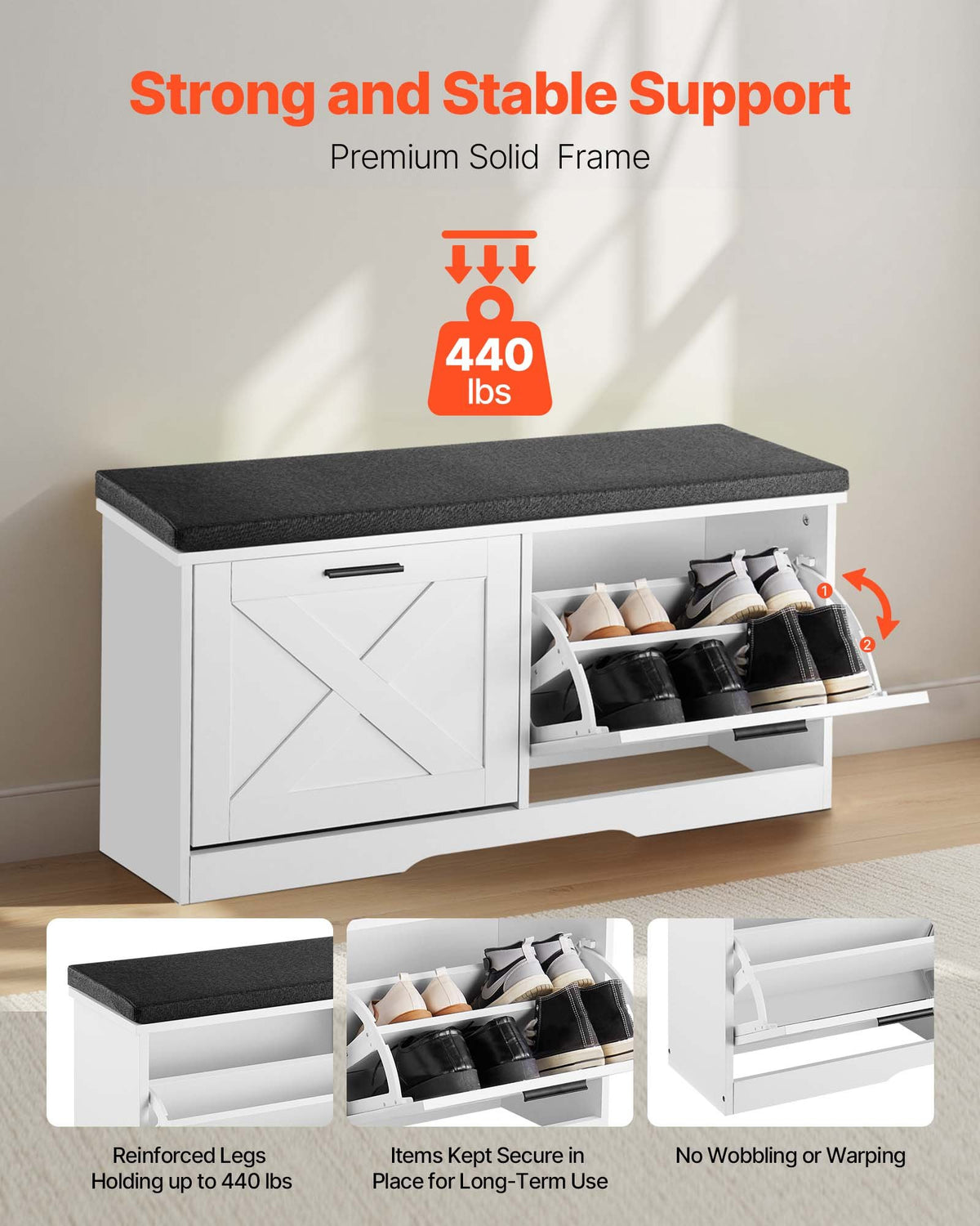 Entryway Shoe Storage Bench 100cm Wide 2-Tier Shoe Bench Black White, with 2 Flip Drawers, 200 kg Load Capacity Storage Rack with Padded Seat Cushion, for Hallway, Living Room, and Bedroom