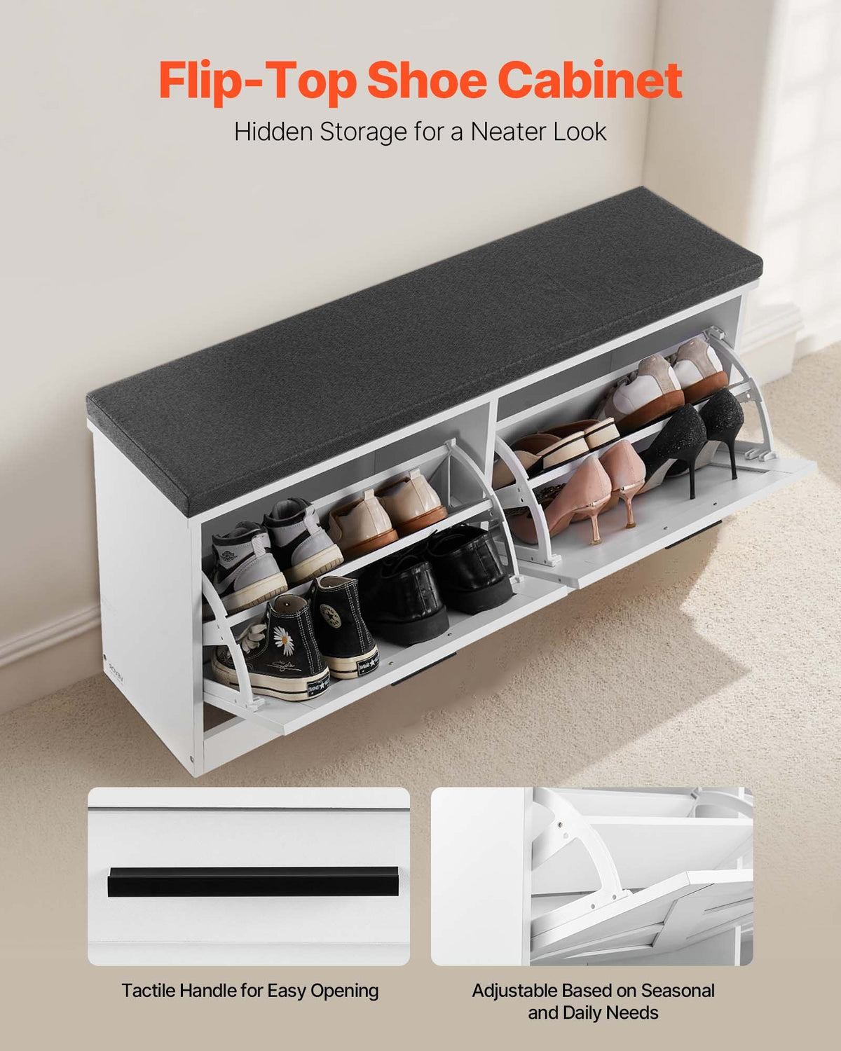 Entryway Shoe Storage Bench 100cm Wide 2-Tier Shoe Bench Black White, with 2 Flip Drawers, 200 kg Load Capacity Storage Rack with Padded Seat Cushion, for Hallway, Living Room, and Bedroom