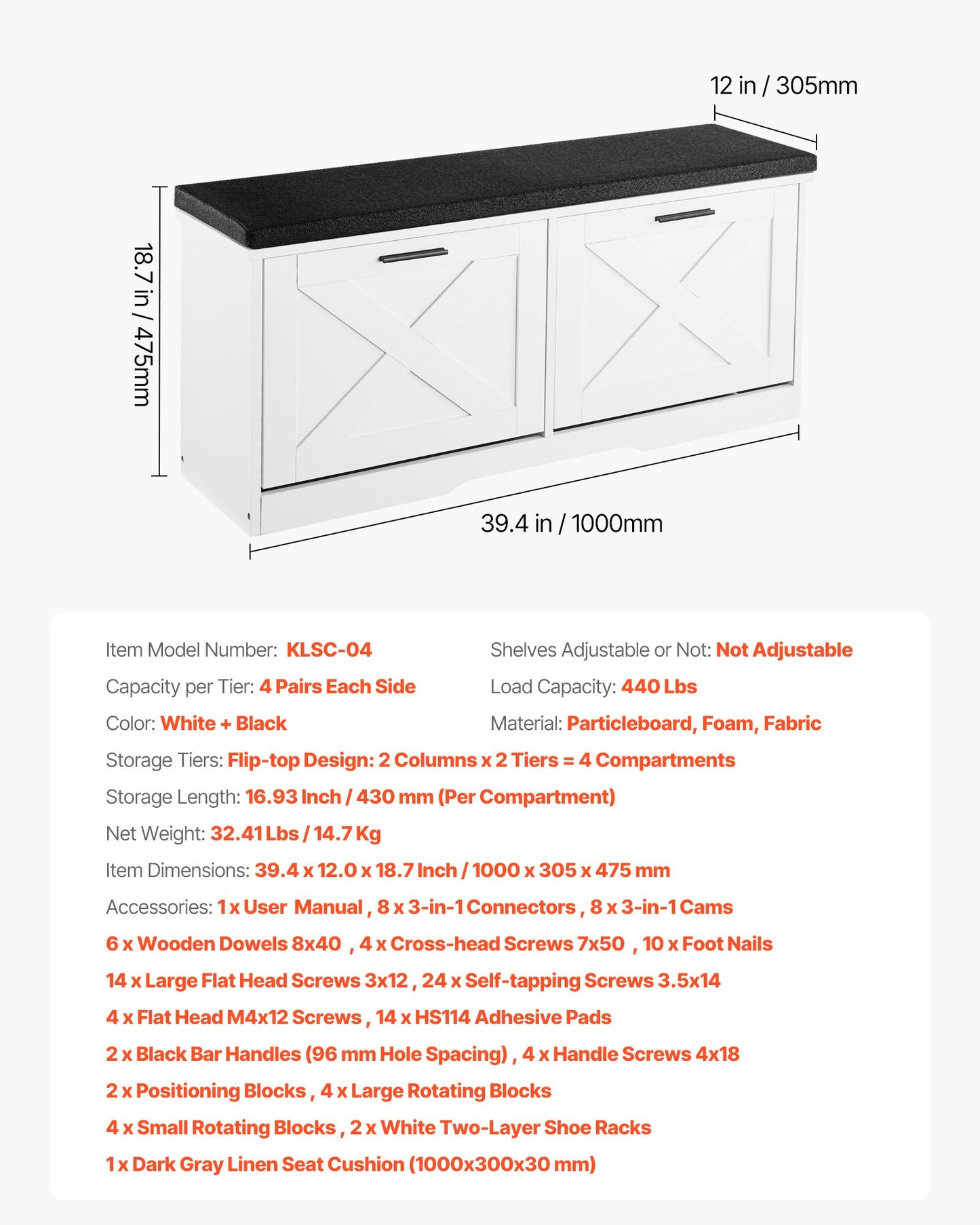 Entryway Shoe Storage Bench 100cm Wide 2-Tier Shoe Bench Black White, with 2 Flip Drawers, 200 kg Load Capacity Storage Rack with Padded Seat Cushion, for Hallway, Living Room, and Bedroom