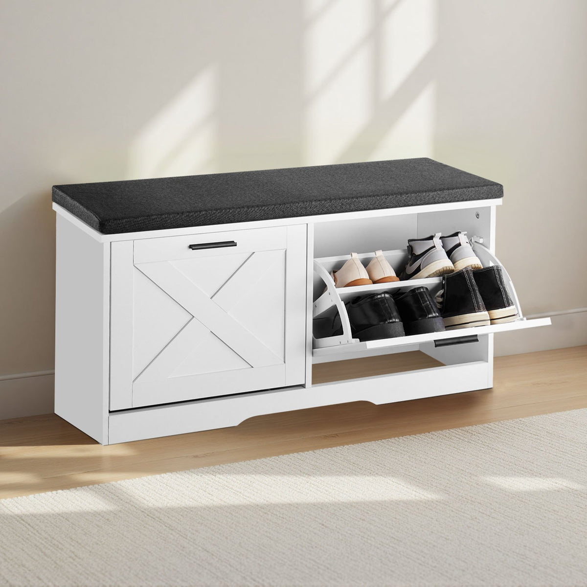 Entryway Shoe Storage Bench 100cm Wide 2-Tier Shoe Bench Black White, with 2 Flip Drawers, 200 kg Load Capacity Storage Rack with Padded Seat Cushion, for Hallway, Living Room, and Bedroom