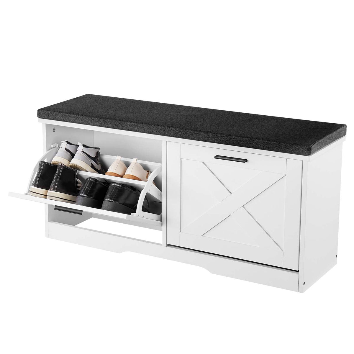 Entryway Shoe Storage Bench 100cm Wide 2-Tier Shoe Bench Black White, with 2 Flip Drawers, 200 kg Load Capacity Storage Rack with Padded Seat Cushion, for Hallway, Living Room, and Bedroom