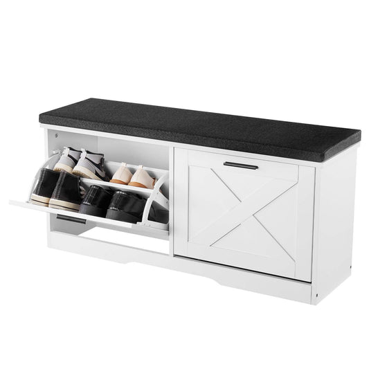 Entryway Shoe Storage Bench 100cm Wide 2-Tier Shoe Bench Black White, with 2 Flip Drawers, 200 kg Load Capacity Storage Rack with Padded Seat Cushion, for Hallway, Living Room, and Bedroom