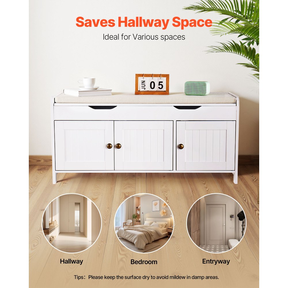 Shoe Bench with Cushion and Adjustable Shelf 1050 x 350 x 503 mm 3-Cabinet