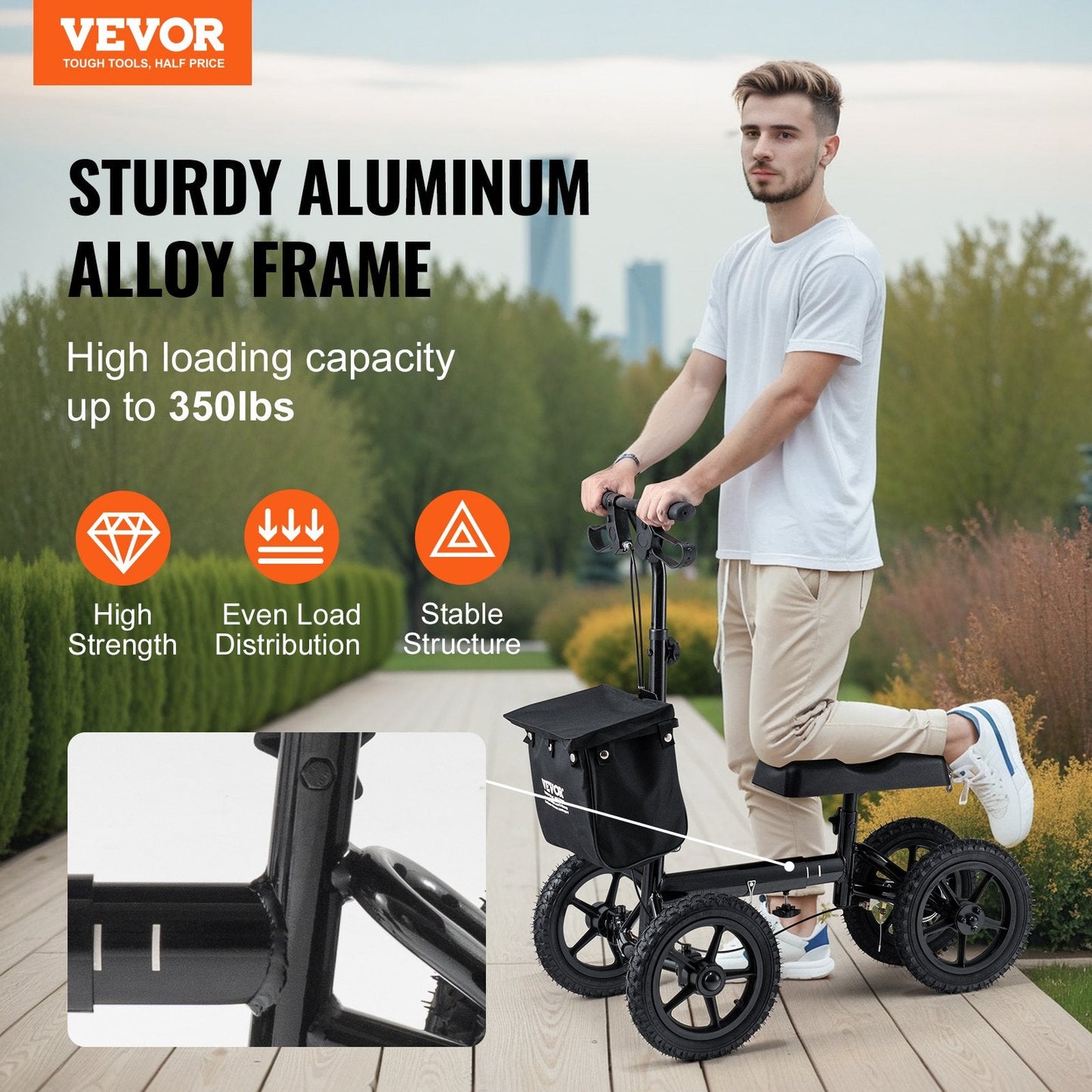 Folding Aluminum Knee Walker with Adjustable Handlebar and All-Terrain Wheels