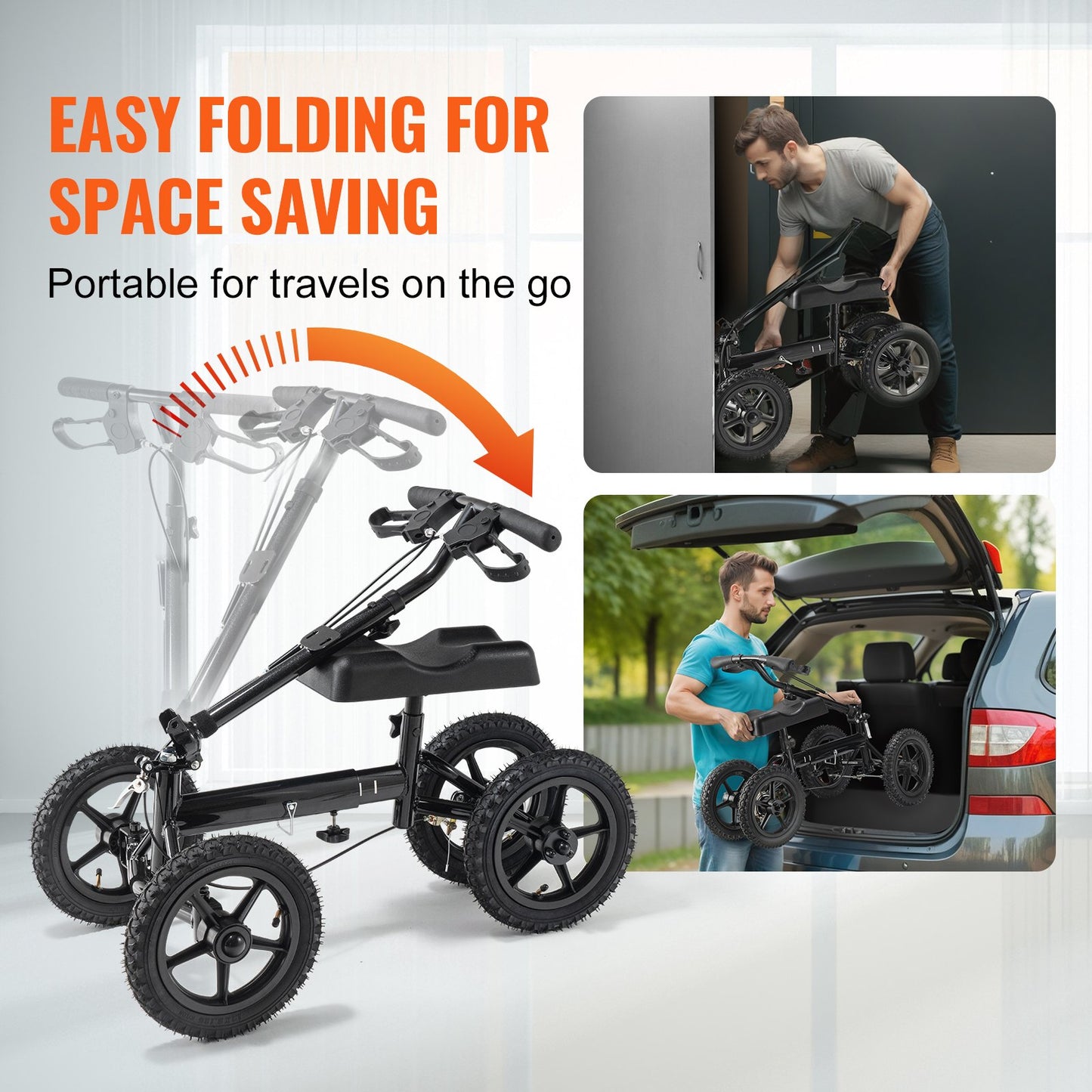 VEVOR Folding Knee Scooter, Aluminum Steerable Knee Walker with Height-Adjustable