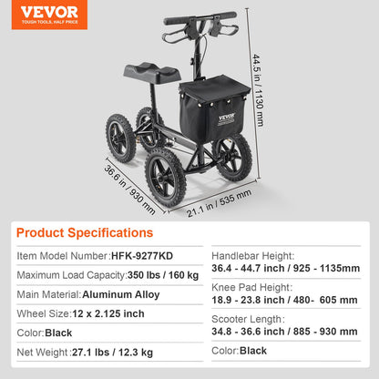 VEVOR Folding Knee Scooter, Aluminum Steerable Knee Walker with Height-Adjustable