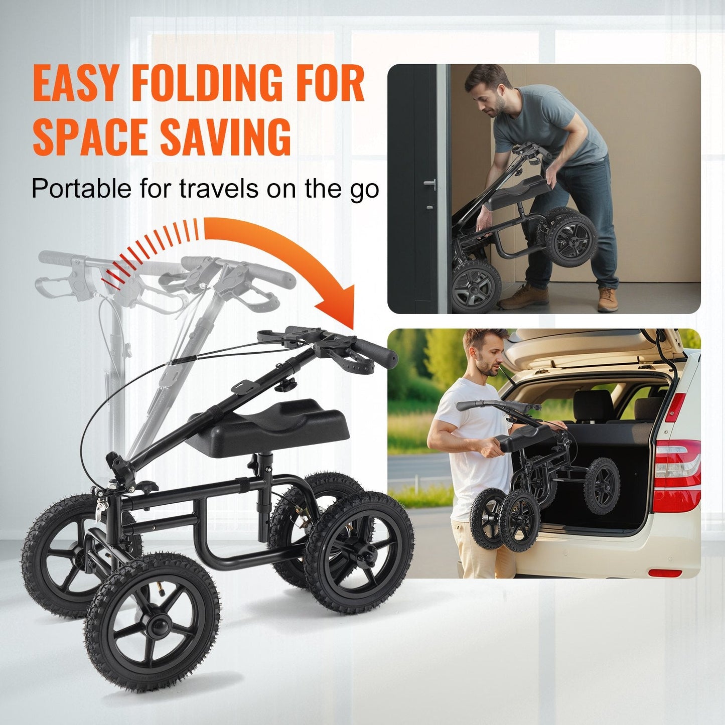 Folding Knee Walker with Adjustable Height and All-Terrain Wheels, 160 kg Capacity