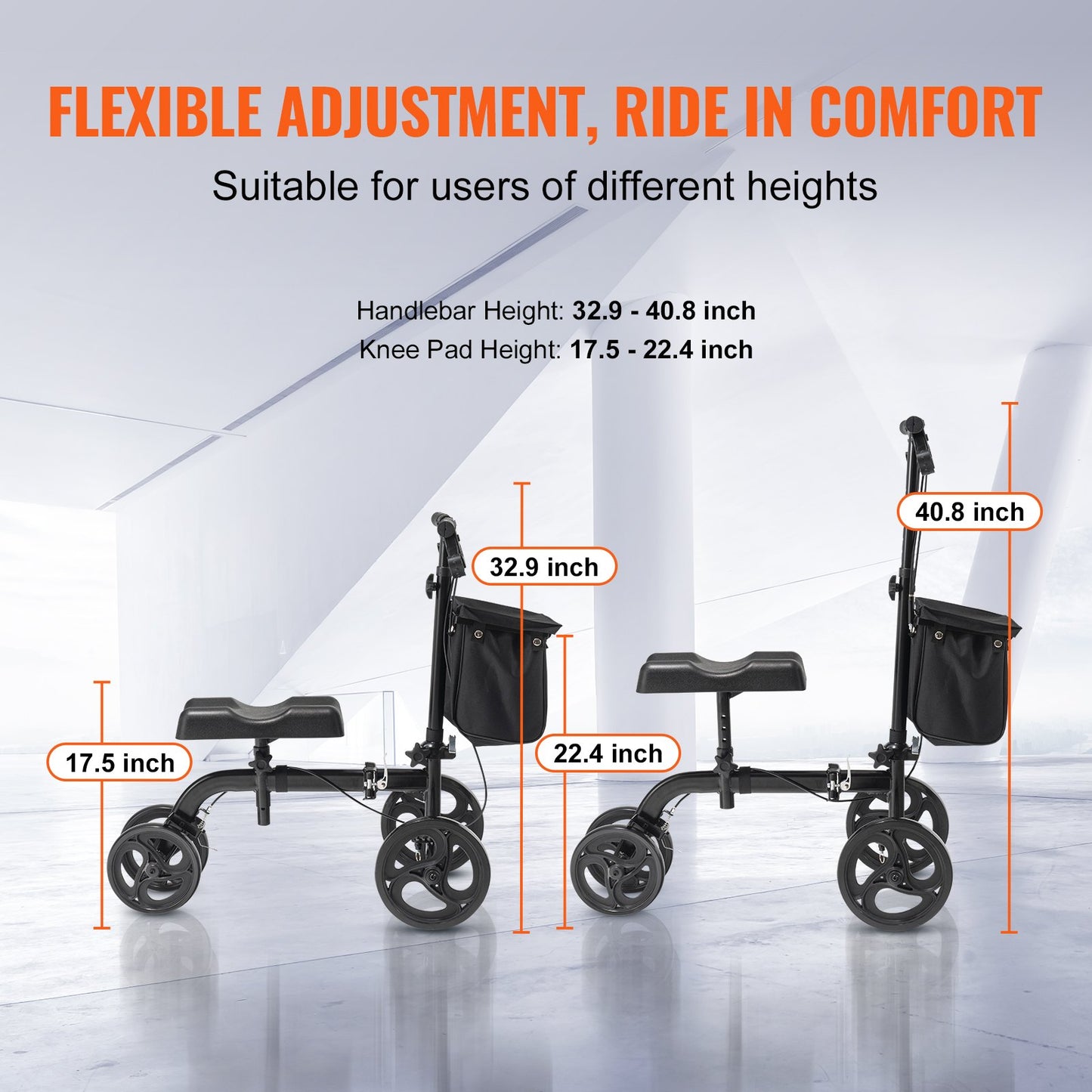 VEVOR Folding Knee Scooter, Carbon Steel Steerable Knee Walker with Height-Adjustable