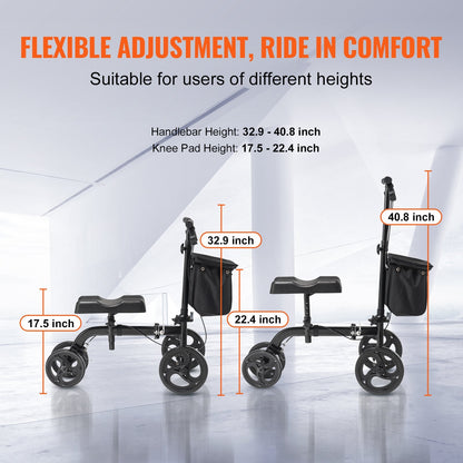Folding Carbon Steel Knee Scooter with Adjustable Handlebar & All-Terrain Wheels