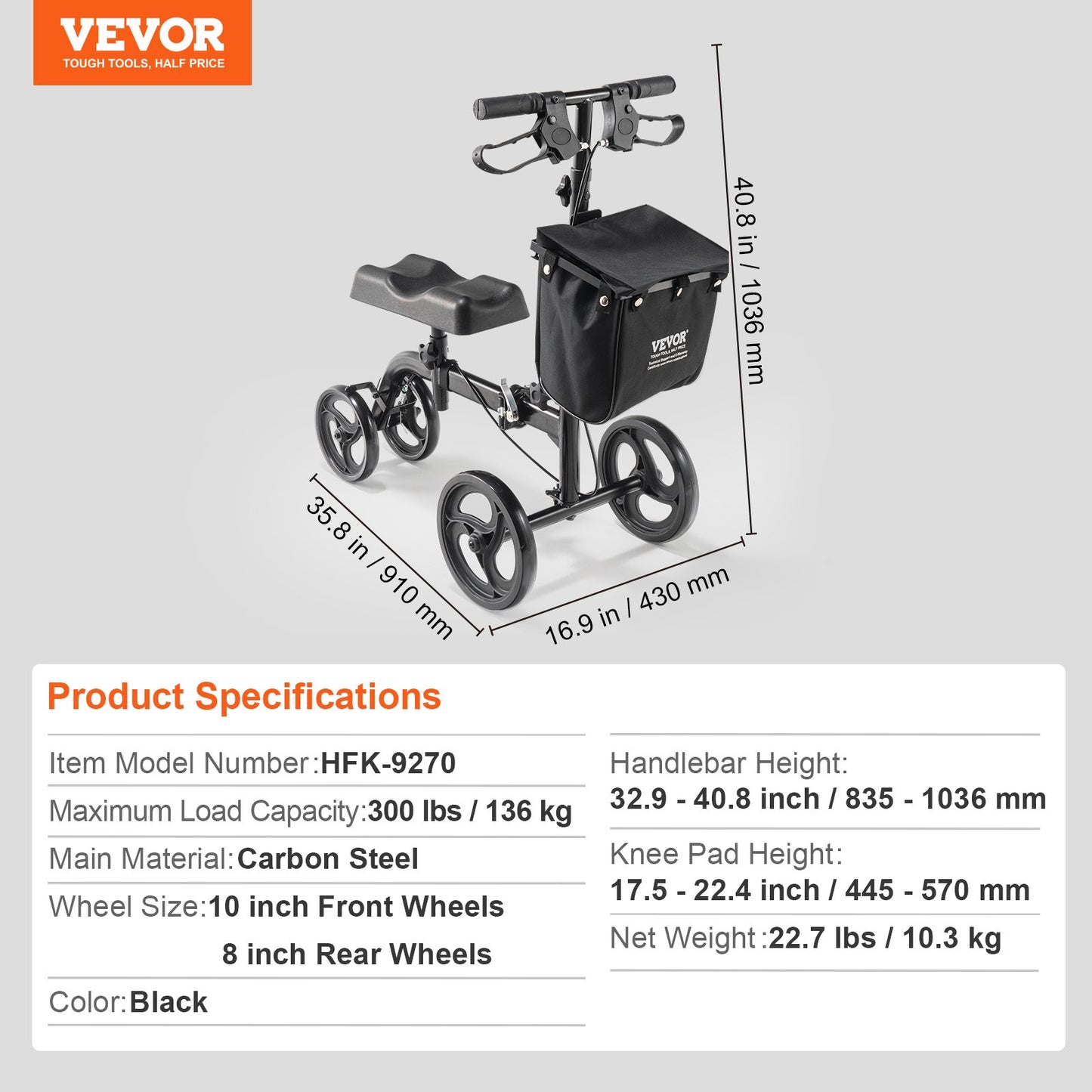 VEVOR Folding Knee Scooter, Carbon Steel Steerable Knee Walker with Height-Adjustable