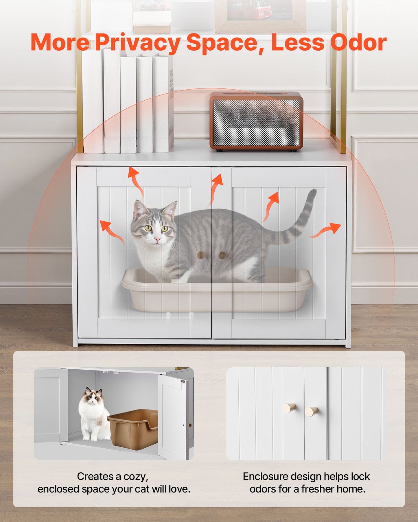 Cat Litter Box Enclosure Furniture, 70 cm Hidden Litter Box Cabinet with Metal Legs & 2-Tier Storage Shelves, Waterproof Cat Washroom Cat House, Fit Most of Litterbox, for Living Room