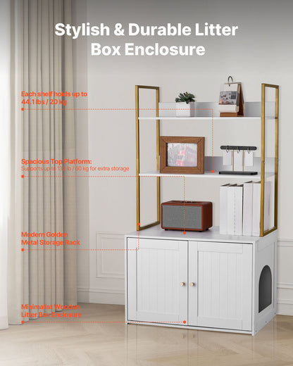 Cat Litter Box Enclosure Furniture, 70 cm Hidden Litter Box Cabinet with Metal Legs & 2-Tier Storage Shelves, Waterproof Cat Washroom Cat House, Fit Most of Litterbox, for Living Room