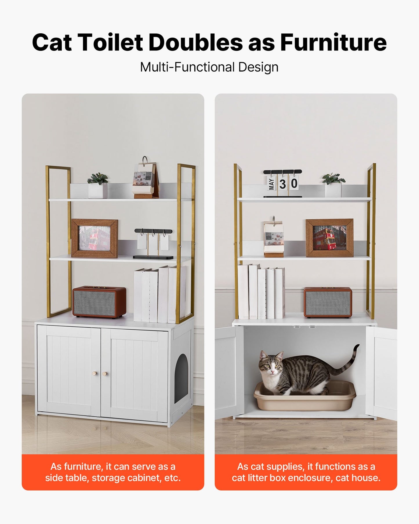 Cat Litter Box Enclosure Furniture, 70 cm Hidden Litter Box Cabinet with Metal Legs & 2-Tier Storage Shelves, Waterproof Cat Washroom Cat House, Fit Most of Litterbox, for Living Room