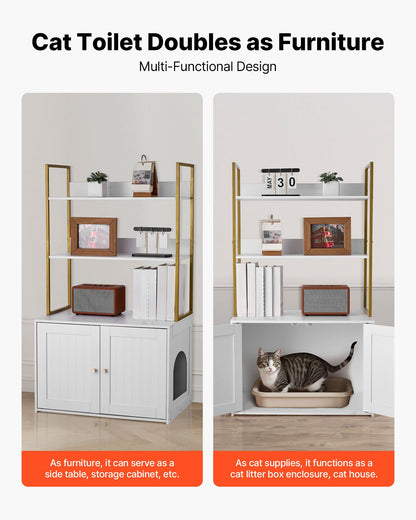 Cat Litter Box Enclosure Furniture, 70 cm Hidden Litter Box Cabinet with Metal Legs & 2-Tier Storage Shelves, Waterproof Cat Washroom Cat House, Fit Most of Litterbox, for Living Room