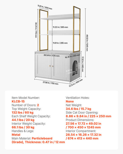 Cat Litter Box Enclosure Furniture, 70 cm Hidden Litter Box Cabinet with Metal Legs & 2-Tier Storage Shelves, Waterproof Cat Washroom Cat House, Fit Most of Litterbox, for Living Room