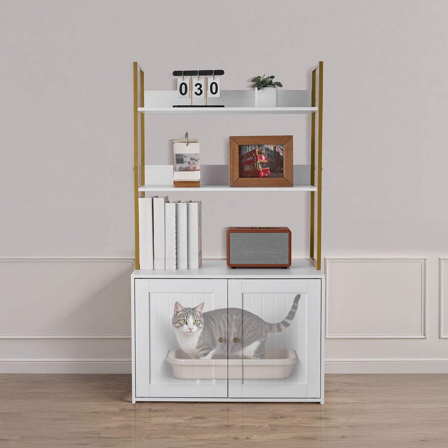Cat Litter Box Enclosure Furniture, 70 cm Hidden Litter Box Cabinet with Metal Legs & 2-Tier Storage Shelves, Waterproof Cat Washroom Cat House, Fit Most of Litterbox, for Living Room