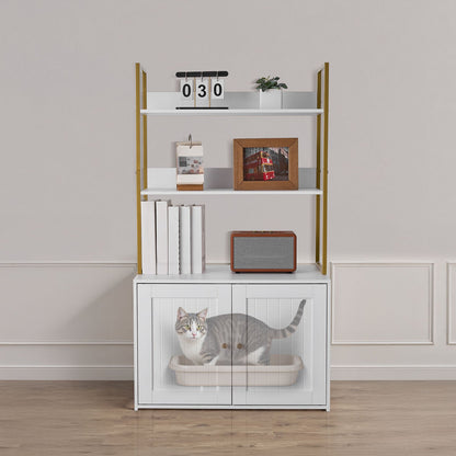 Cat Litter Box Enclosure Furniture, 70 cm Hidden Litter Box Cabinet with Metal Legs & 2-Tier Storage Shelves, Waterproof Cat Washroom Cat House, Fit Most of Litterbox, for Living Room