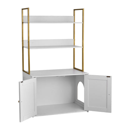Cat Litter Box Enclosure Furniture, 70 cm Hidden Litter Box Cabinet with Metal Legs & 2-Tier Storage Shelves, Waterproof Cat Washroom Cat House, Fit Most of Litterbox, for Living Room
