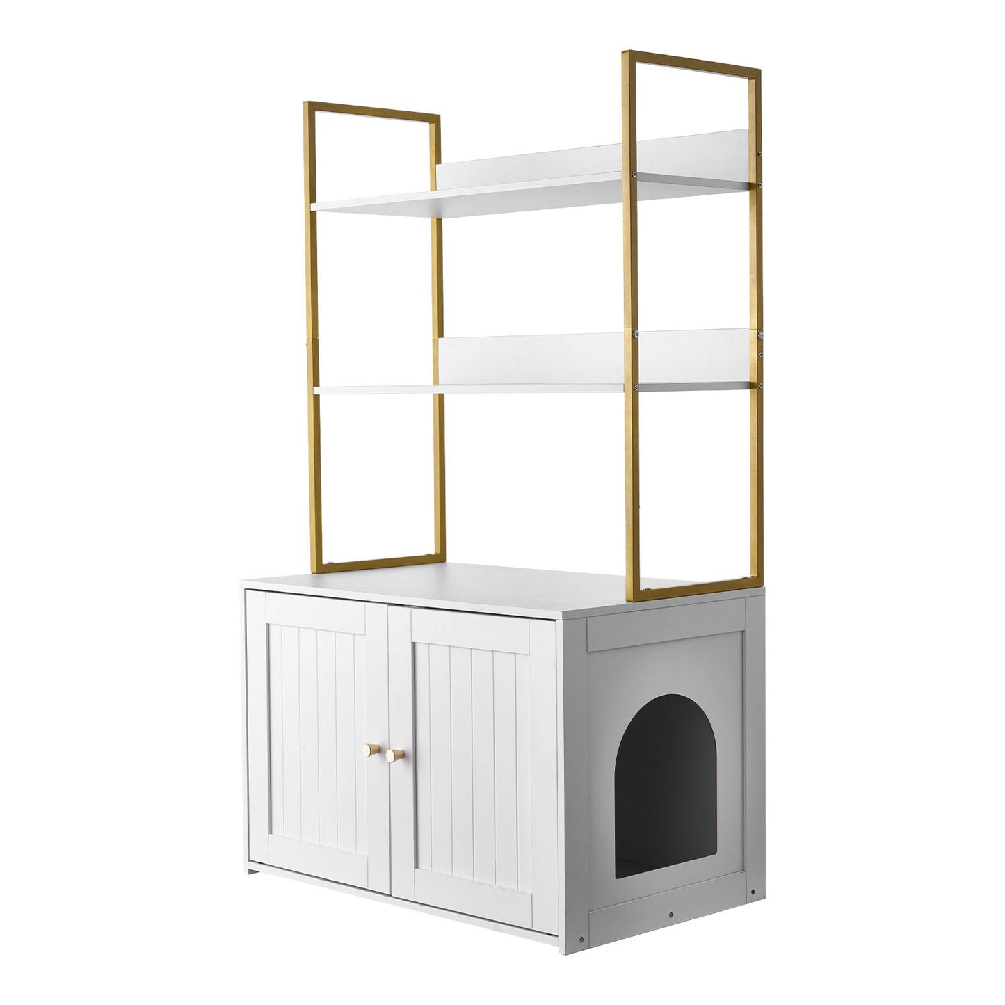Cat Litter Box Enclosure Furniture, 70 cm Hidden Litter Box Cabinet with Metal Legs & 2-Tier Storage Shelves, Waterproof Cat Washroom Cat House, Fit Most of Litterbox, for Living Room