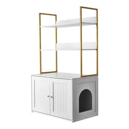 Cat Litter Box Enclosure Furniture, 70 cm Hidden Litter Box Cabinet with Metal Legs & 2-Tier Storage Shelves, Waterproof Cat Washroom Cat House, Fit Most of Litterbox, for Living Room