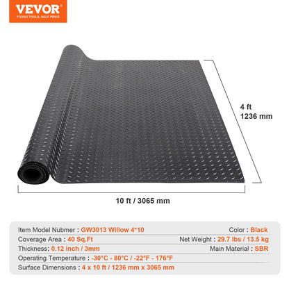 VEVOR Diamond-Plate Rubber Flooring Roll, 3 mm x 4 ft x 10 ft Garage Floor Mat,