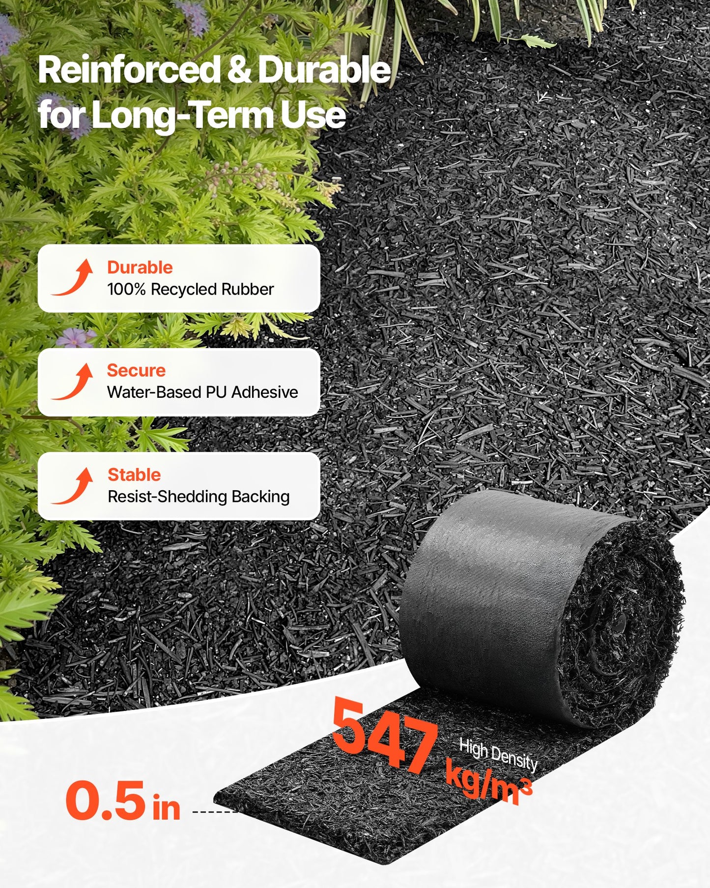 Rubber Mulch Mat Roll, 356 x 14 cm, Recycled Rubber Permanent Mulch Edging Border, Natural-Looking Flower Barrier with Stakes, 0.5 in Thick Cuttable Garden Edgings for Landscaping