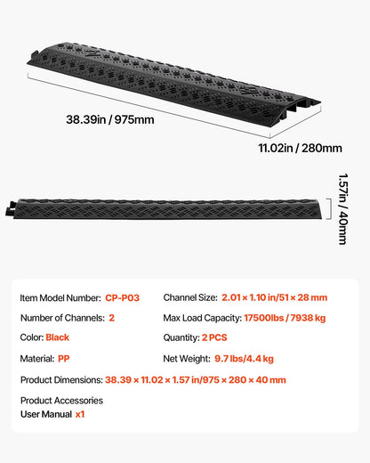 Drop Over Cable Cover, 7,938 kg/Axle Load Capacity, Heavy Duty Cable Hose Protector Ramp, Floor Cord Protector Cover, for High Walking Traffic Areas, Indoor, Home, Office, Warehouse, 2 Pack