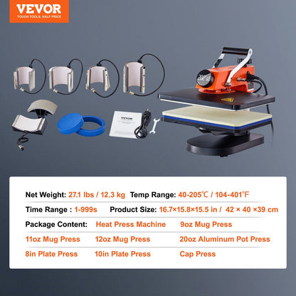 8-in-1 Heat Press Machine for T-Shirt, Plate, Mug & Cup, 30x38cm, 12.3 kg