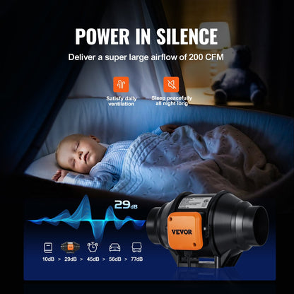Inline Duct Fan 102mm, 220 CFM, Variable Speed, Quiet Operation for Ventilation
