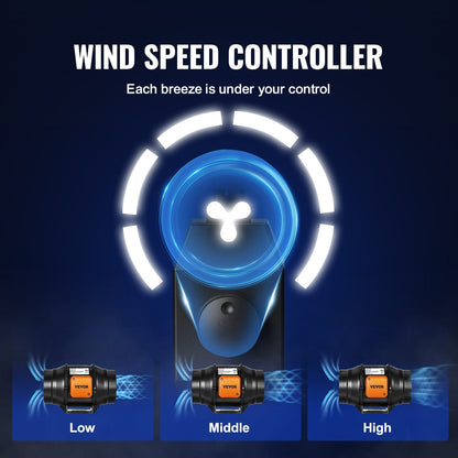 Inline Duct Fan 0.15m, 323.7 CFM, Variable Speed, Quiet Motor for Ventilation