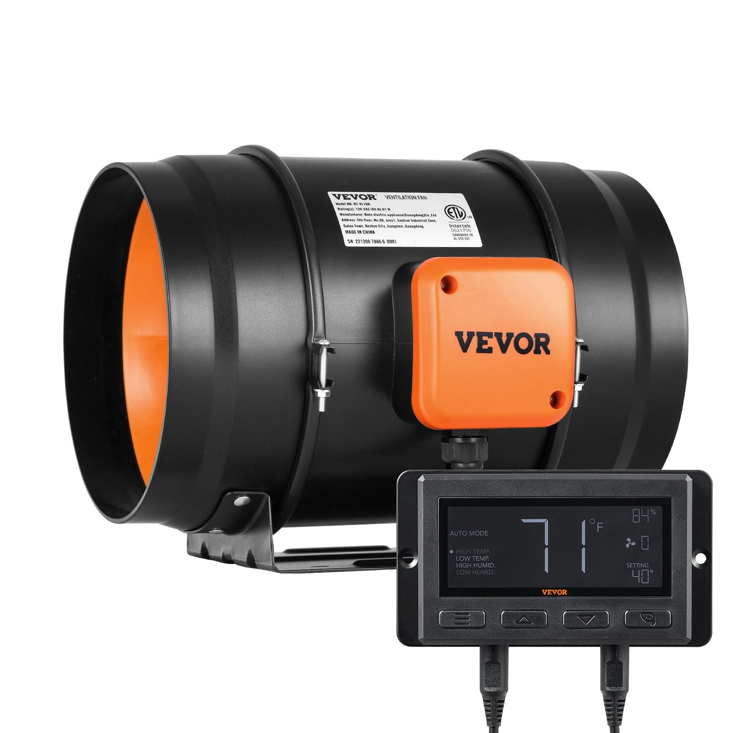 VEVOR Inline Duct Fan, 203.2mm 506.2 CFM with Temperature Humidity Controller, Quiet