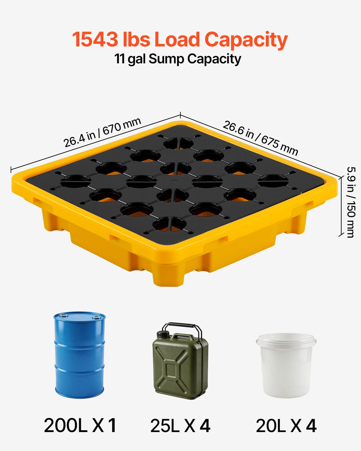 Spill Containment Pallet, 1 Drum Low Profile Spill Containment Modular Platform, 43.2 L Sump Capacity, 700 kg Load Capacity, Heavy-Duty Polyethylene Tray with Drain, 670 x 675 x 150 mm, Yellow