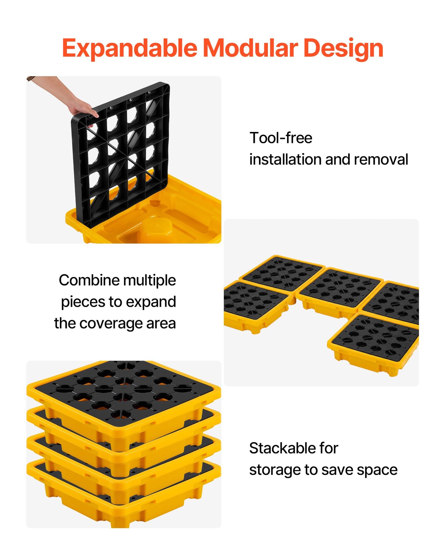 Spill Containment Pallet, 1 Drum Low Profile Spill Containment Modular Platform, 43.2 L Sump Capacity, 700 kg Load Capacity, Heavy-Duty Polyethylene Tray with Drain, 670 x 675 x 150 mm, Yellow