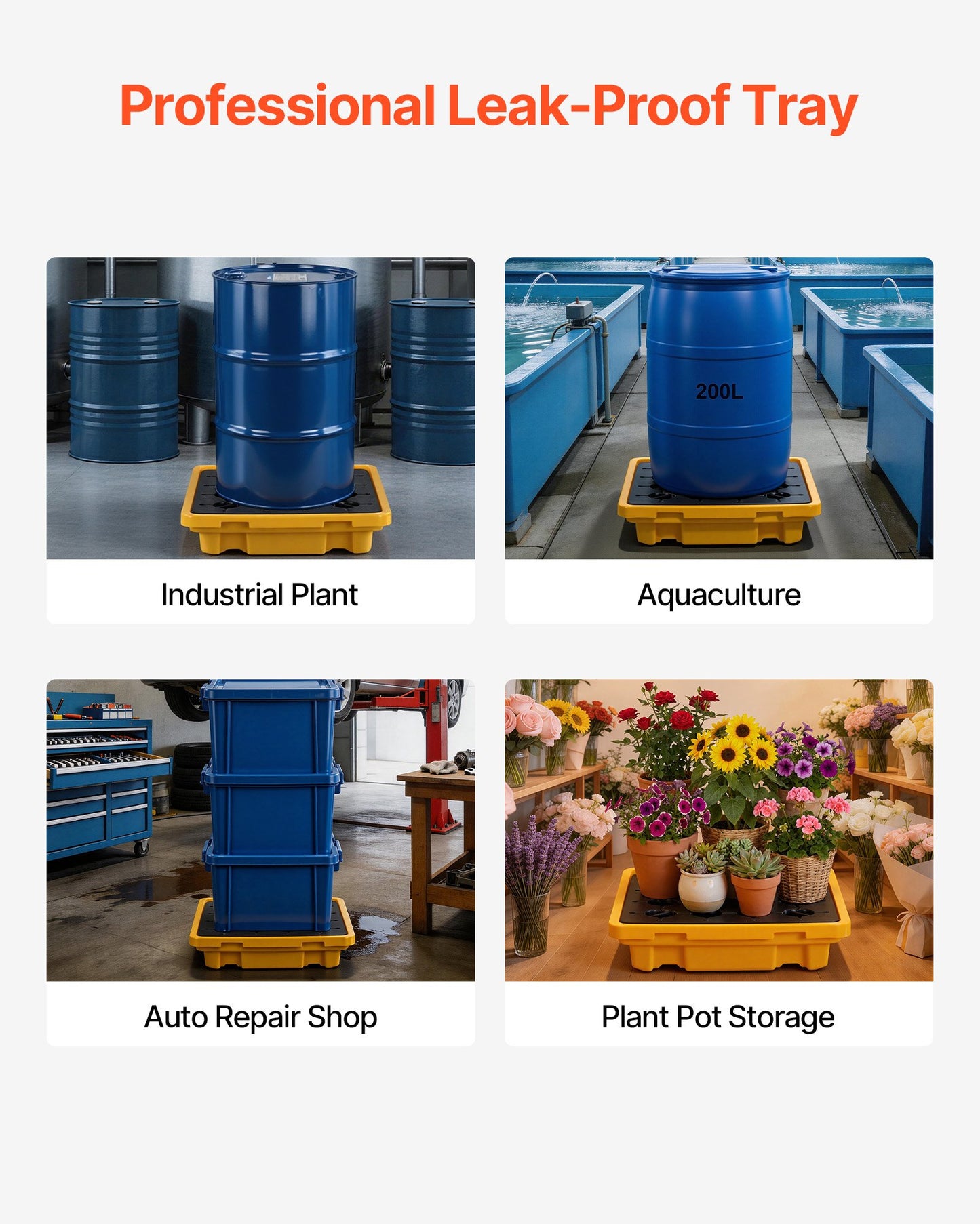 Spill Containment Pallet, 1 Drum Low Profile Spill Containment Modular Platform, 43.2 L Sump Capacity, 700 kg Load Capacity, Heavy-Duty Polyethylene Tray with Drain, 670 x 675 x 150 mm, Yellow