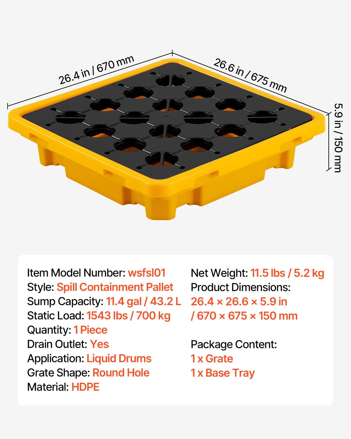 Spill Containment Pallet, 1 Drum Low Profile Spill Containment Modular Platform, 43.2 L Sump Capacity, 700 kg Load Capacity, Heavy-Duty Polyethylene Tray with Drain, 670 x 675 x 150 mm, Yellow