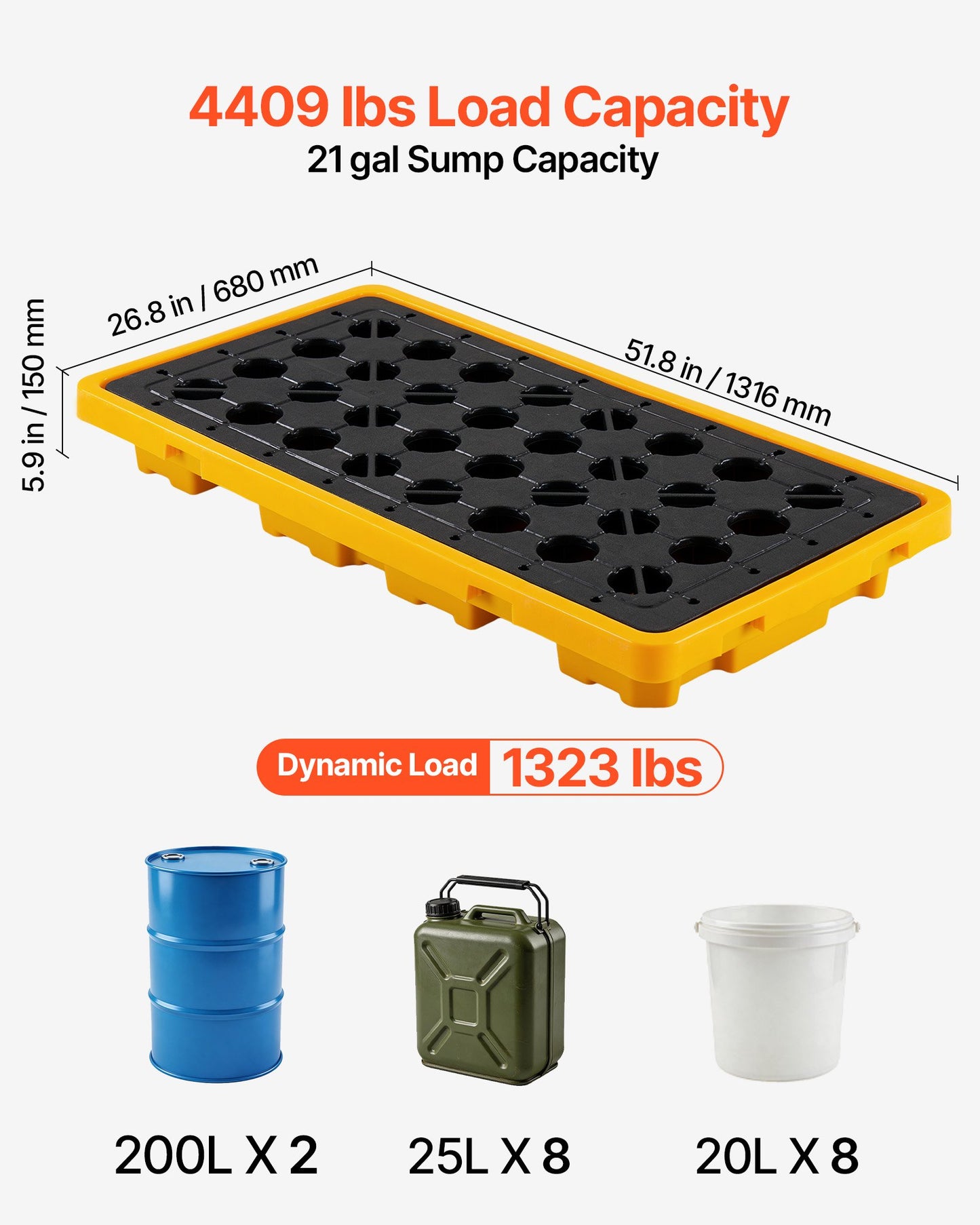 Spill Containment Pallet, 2 Drum Low Profile Spill Containment Modular Platform, 79.5 L Sump Capacity, 2000 kg Load Capacity, Heavy-Duty Polyethylene Tray with Drain, 1316 x 680 x 150 mm, Yellow